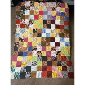 An unfinished Bordered Squares quilt top 41” x52.5” Yellow Pink Green Brown Blue